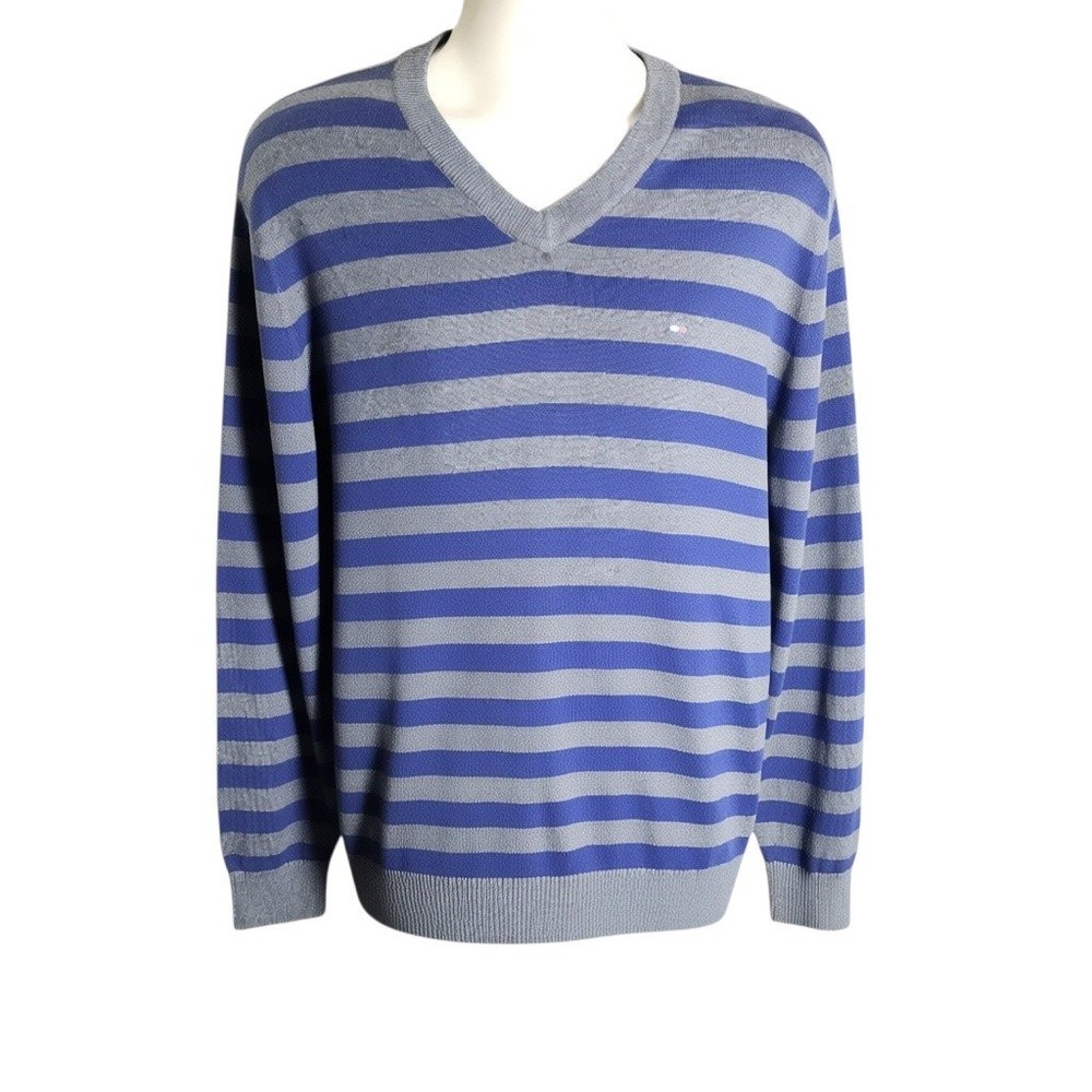Tommy Hilfiger Mens Blue Gray Striped V-Neck Cotton Knit Sweater Large